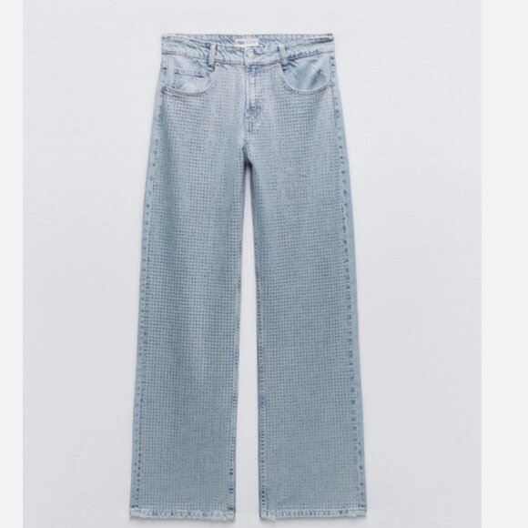 Zara Light Blue Denim Studded Rhinestone Jeans size 2 - Picture 3 of 13